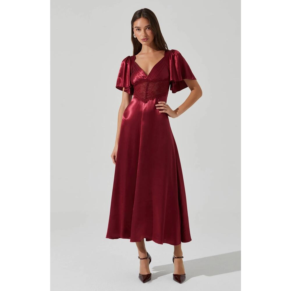 ASTR The Label Aurelia Satin Regal Whimsical Wine Red V-Neck Midi Dress NWT S